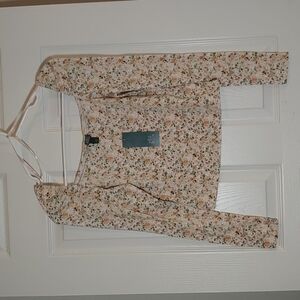 Wild Fable Peach Floral Long Sleeve Square Neck Top Cotton Shirt Size XS New